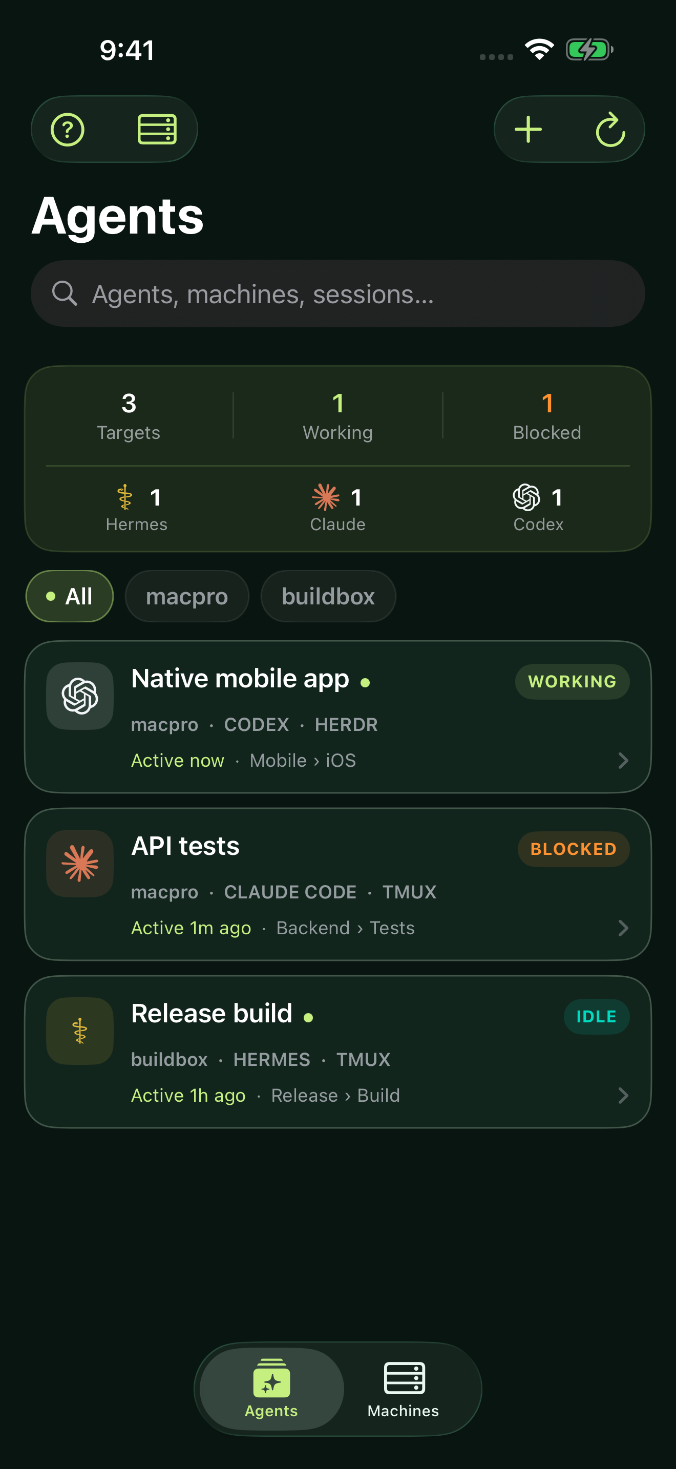 AgentPanes showing Codex, Claude Code and Hermes agents ordered by recent activity across two machines